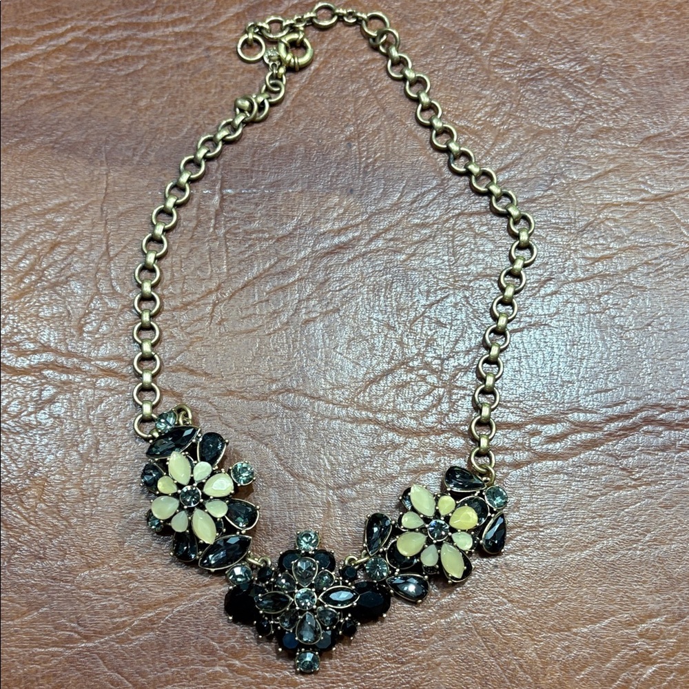 J Crew Gorgeous Floral Gold and Black Necklace  Beautiful Blue Stone Accents